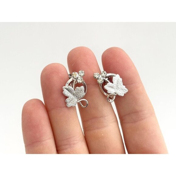 Maple Leaf Screw Back Sterling Silver Rhinestone Vintage Foliage Stud Earrings - Picture 2 of 9